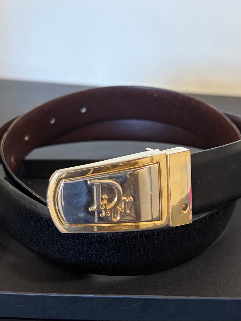Vintage Christian Dior Reversible Leather Belt with Gold Logo Buckle